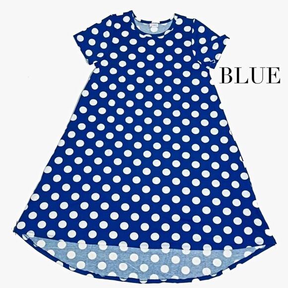 NEW S LuLaRoe Carly Blue White Polka Dot Swing Dress High Low Flowy Short  Sleeve
